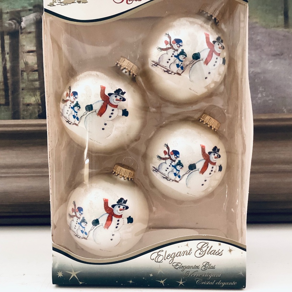 4 Vintage Blown Glass Carol Culhane Hand painted Snow Family Sledding Christmas